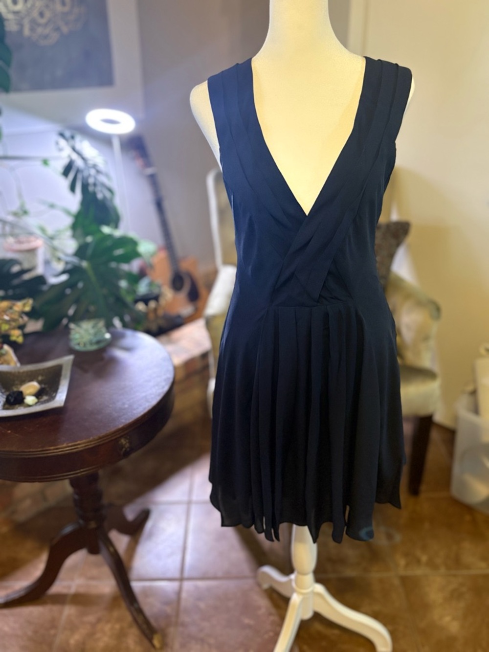Elizabeth and James Navy Sleeveless V-Neck Pleated Mini Dress